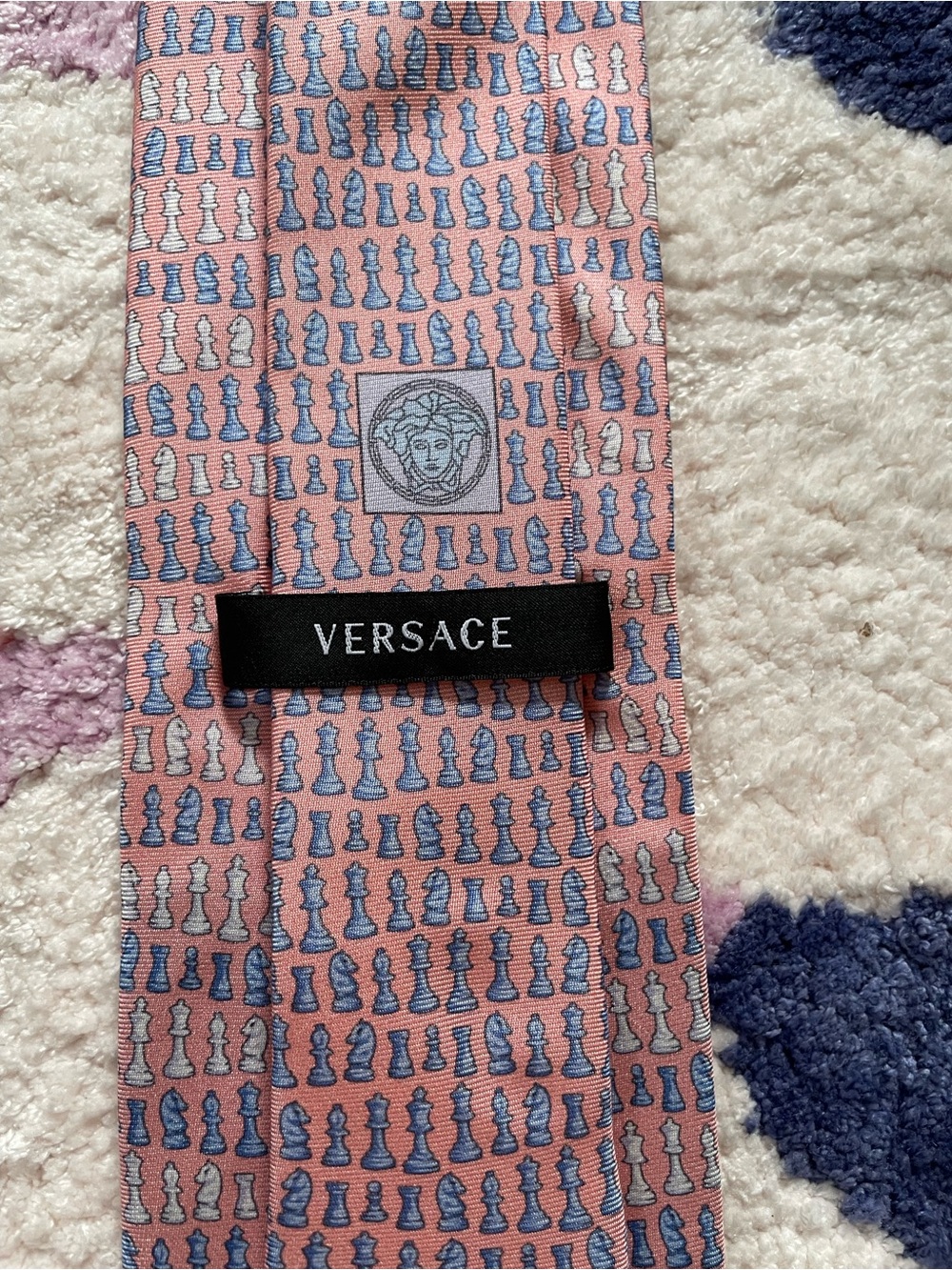 VERSACE 100% Silk Chess Pattern Mens Necktie - Pink & Light Blue